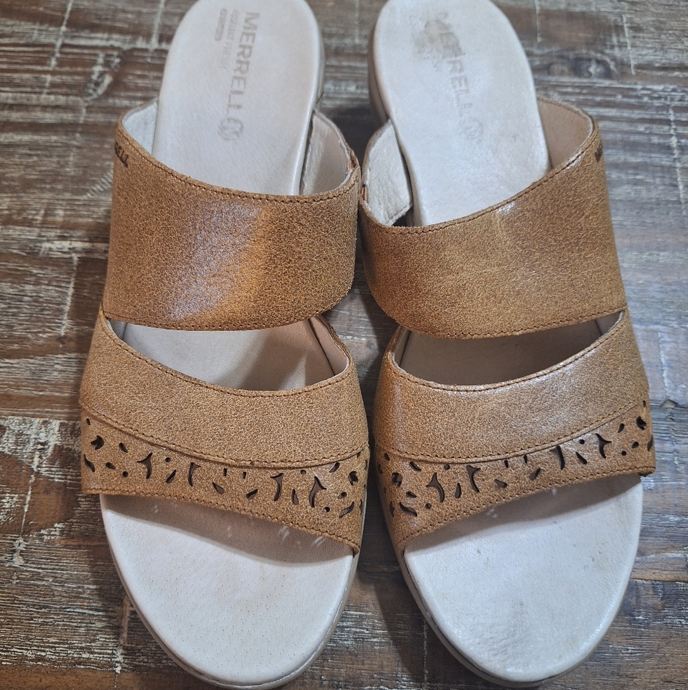 MERRELL Sandals‎ Oat Straw Brown Leather Slide On Casual Womens Size 11